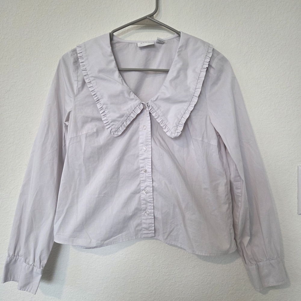 VILA White Button Down Shirt with Ruffled Oversized Collar Cotton Blend Size M